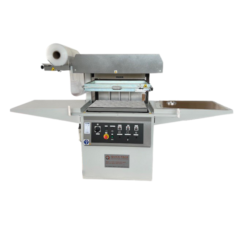 QUICK-PACK-Verpackungsmaschine mit Conveyor-Belt, Steuerpanel und Schrumpffolie für automatische Papierbeutelversiegelung auf professioneller Basis.