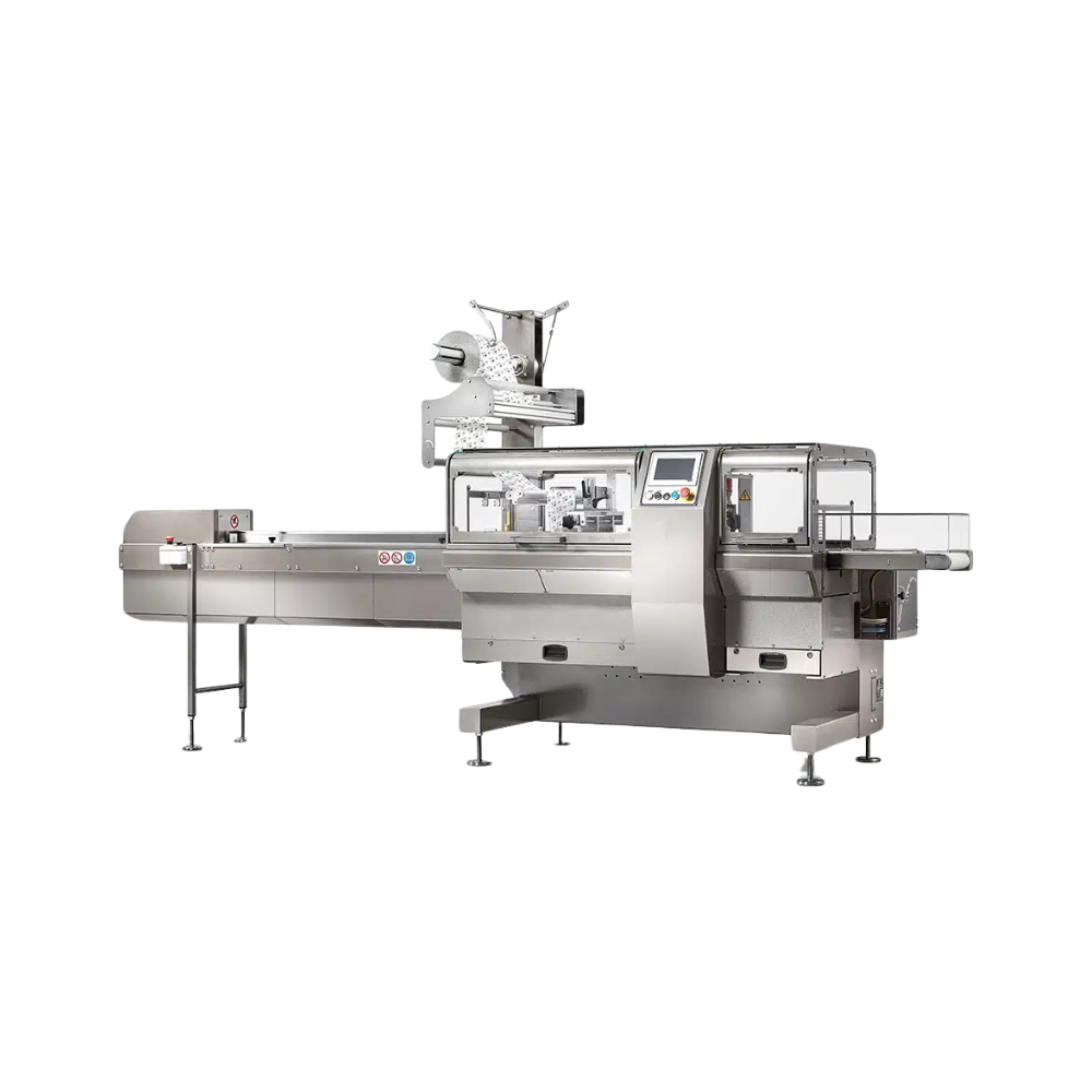 Rostfreie Verpackungsmaschine mit Conveyor Belt, Touchscreen und Kontrollpanel für Skinfolie und Schrumpffolien-Verpackung auf grauem Hintergrund.