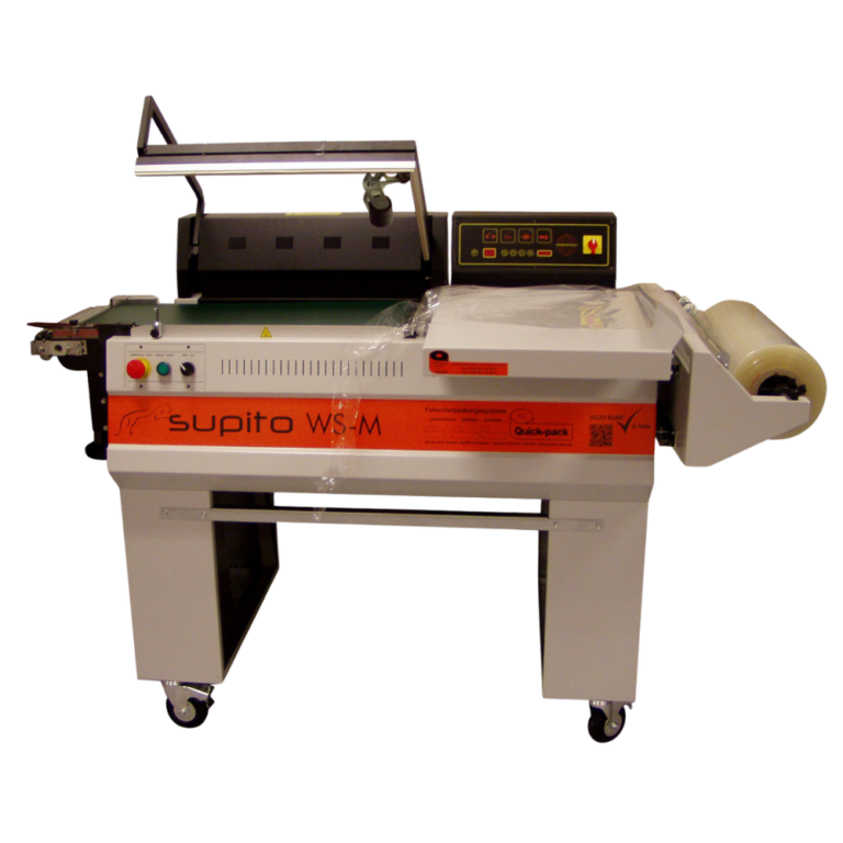 Modernes Shrink-Film-Verpackungsmaschine Supito WSM mit digitaler Steuerung, Conveyor-Band und Skinfolie für präzise Sleeve-Verpackungen.