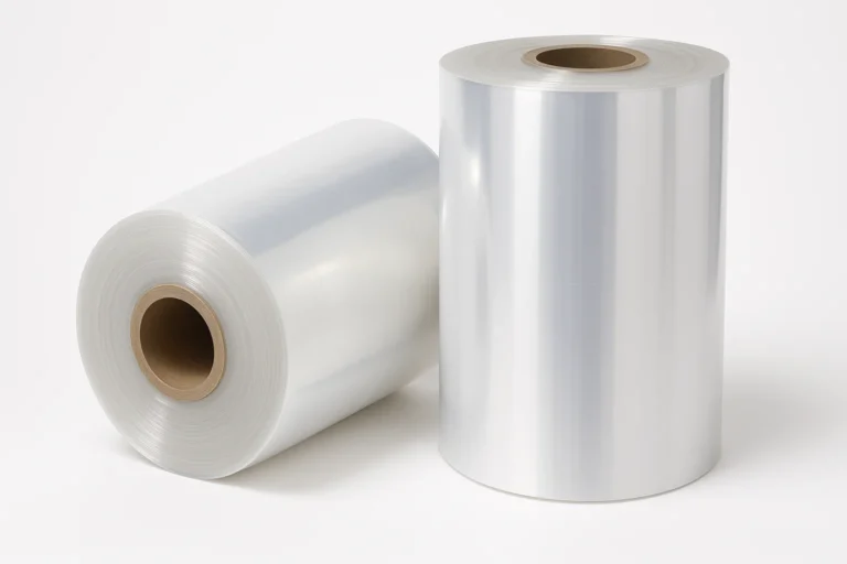 Zwei Rollen schrumpffolien von QUICK-PACK auf weißem Hintergrund mit glänzender Metallfolie, ideal für Verpackungsmaschinen und Skinfolie-Anwendungen.