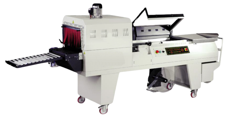 Moderne Skinmaschine mit schwarz-weißem Lack und glänzender Oberfläche, versehen mit Steuerpanel und Conveyor-Band für präzise Sleeve-Verpackung und Skinfolie-Bearbeitung, auf grauem Hintergrund.