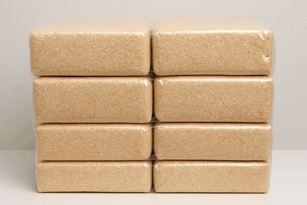 Holzspäne gepresst und in Bündeln zusammengeschweißte Pakete, verpackt mit einem Bündelpacker.