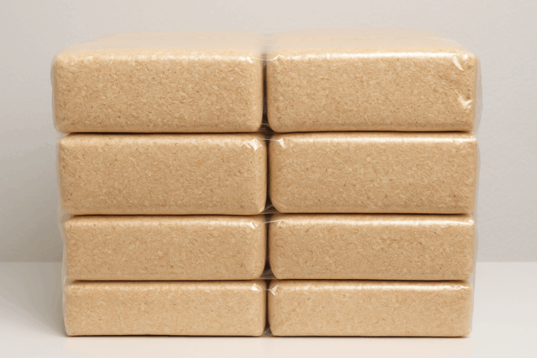 Holzspäne gepresst und in Bündeln zusammengeschweißte Pakete, verpackt mit einem Bündelpacker.