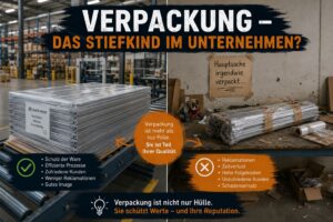 Vergleich von Verpackungen: Links eine saubere, folienumwickelte Palette mit Gütesiegel, rechts ein mangelhaft verpacktes Bündel mit Fehlern wie Reklamationen und Zeitverlust.