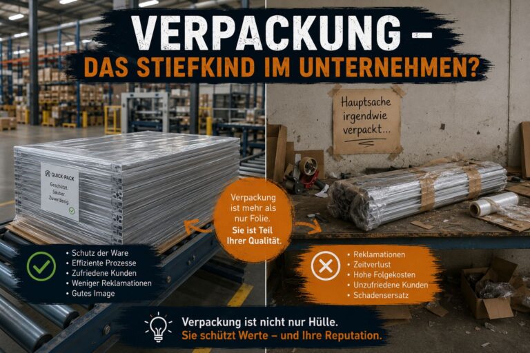Vergleich von Verpackungen: Links eine saubere, folienumwickelte Palette mit Gütesiegel, rechts ein mangelhaft verpacktes Bündel mit Fehlern wie Reklamationen und Zeitverlust.